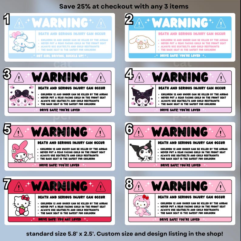 May include: A set of eight rectangular warning stickers with cartoon characters. Each sticker has a warning symbol and text about child safety in vehicles. The stickers are approximately 5.8 inches by 2.5 inches.