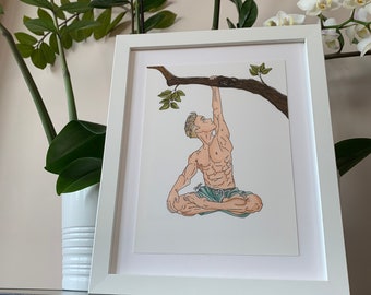 Yoga Man Wall Art, Man Art Print, Yoga Art Print, Yoga Decor, Yoga Wall Art, Giclee Art Print, "Perseverance"