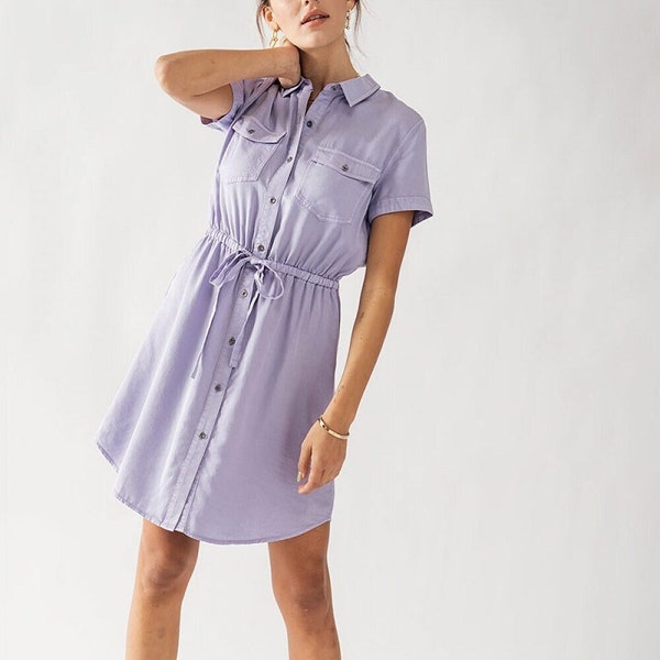 Elegant and Eco-Friendly Tencel Lyocell Button-Up Dress Drawstring Collared Short Sleeve Brunch Church Casual Spring Summer Jean Shirt Dress