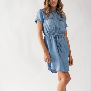 Elegant and Eco-Friendly Tencel Lyocell Button-Up Dress Drawstring Collared Short Sleeve Brunch Church Casual Spring Summer Jean Shirt Dress Blue