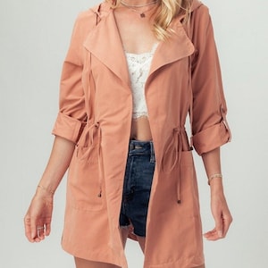 Hooded Lightweight Parka Jacket Roll Up Tab Sleeve Casual Women&#39;s Lapel Cardigan Peach Skin Super Soft Cozy Spring Summer - Black Blue Peach