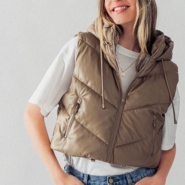 Faux Leather Hooded Puffer Vest - Chic Cozy Outerwear, Side Pockets, Full Lining, Soft & Stretchy, Chevron Pattern, Puffed Utility Vest Gift