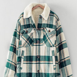 Oversized Plaid Shacket with Sherpa Lining, Warm, Cozy and Versatile, Sherpa Collar, Side Pockets, Flannel Shirt Jacket Holiday Gift for Her