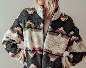 Cozy Tribal Print Sherpa Zip-up Short Jacket, Cropped Cardi Side Hdden Pockets, Soft Warm Cozy Aztec Print Fabric Cropped Teddy Jacket
