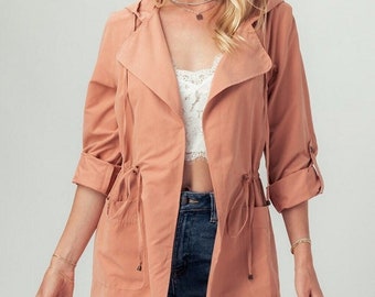 Hooded Lightweight Parka Jacket Roll Up Tab Sleeve Casual Women's Lapel Cardigan Peach Skin Super Soft Cozy Spring Summer - Black Blue Peach