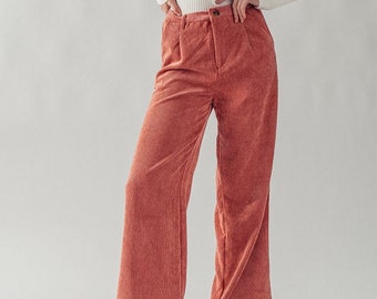 Y2K Vintage Wide Leg Corduroy Pleated Pants, Retro, Front Pleats, Side Pockets, Vintage, Elastic High Waist, Casual Trendy Trousers Her Gift