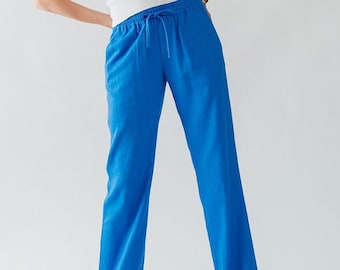 Pantalon à cordon de serrage en mélange de lin taille mi-haute jambe droite. Pantalon décontracté, coupe décontractée, vacances de printemps, plage, vacances d'été, cadeau pour une mère