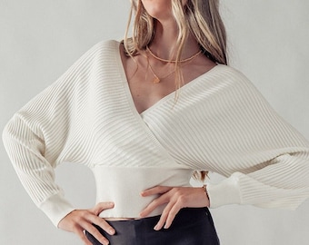 Cozy Vibes, Surplice Dolman Long Sleeve Ribbed Knit Top, Fall Winter Sweater Blouse, V neck Back Strap, Soft Stretchy Versatile Fashion Gift