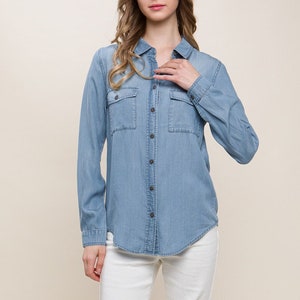 Long Sleeve Jean Shirt * Button Up * Double Pocket * Denim Blue White * Spring Summer Fall * Casual Basic Timeless * Soft Tencel Fabrication