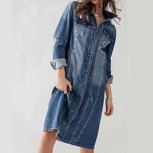 Distressed Long Denim Button Up Jacket * Jean Duster Coat * Western Dress * Dark Light Blue * All Season * Vintage Y2K Retro *  Womens Gift