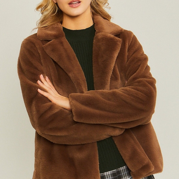 Classic Faux Fur Teddy Jacket - Warm, Elegant, and Plush. Cold Weather Fashion, Side Pockets, FullLlining, Black, Ivory and Brown her Gift