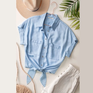 Tie Front Tencel Button Up Shirt. Wide Short Sleeve Denim Top. Casual Timeless Basic Soft Jean Blouse. Spring Summer. Blue Pink. Gift