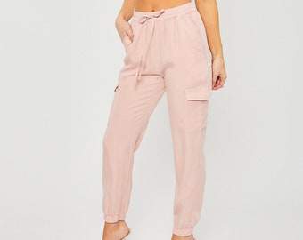 Pantalon de jogging cargo taille haute en tencel avec cordon de serrage * Ceinture élastique réglable Poches en jean de couleur douce * Été Printemps Basique * Été