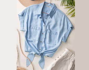 Tie Front Tencel Button Up Shirt. Wide Short Sleeve Denim Top. Casual Timeless Basic Soft Jean Blouse. Spring Summer. Blue Pink. Gift