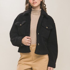 Sherpa Short Shacket, Warm, Stylish , Chest Flap Pockets, Full Lining, Button Closure, Cuffed Sleeves, Winter Jacket, Versatile Gift