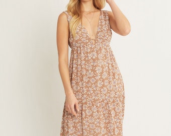 Brown Floral Daisy Print Maxi Dress. Sleeveless Deep V Neck Open Back. Fully Lined Spring Summer in Taupe Beige, Mother's Graduation Gift