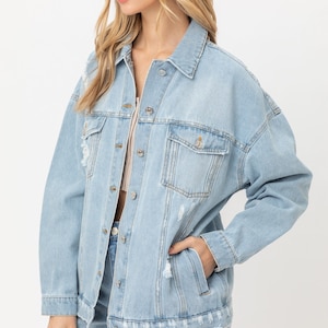 Oversized Vintage Distressed Denim Jacket. Casual Basic Jean Jacket, Boyfriend Relaxed Fit, Everyday All Season Maternity, Womans Gift