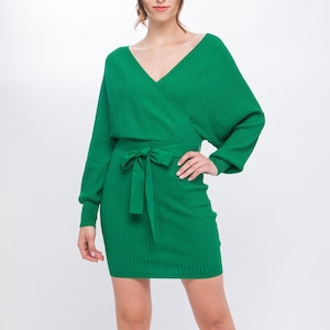 Off Shoulder Wrap Belted Ribbed Knit Mini Dress, Relaxed Fit, Surplice Wrap, Dolman Sleeves, Ribbed Soft Stretchy Fabric