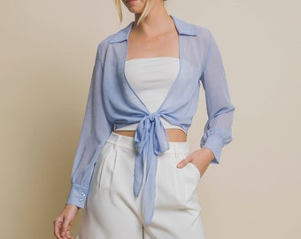 Chic Chiffon Sheer Long Sleeve Cropped Tie Shirt - Coverup Pullon Cover Effortless Spring/Summer Elegance