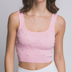 Elegant Short Tank Top with Front Pearls Trim. Ribbed Knit Material - Basic Classic Chic. Valentines Day Gift