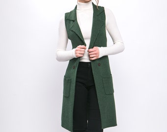 Sleeveless Retro Long Cardigan Knit Vest - Soft, Cozy, All Season Premium Quality Open Layering Cardigan, Front Pockets, No Closure Her Gift