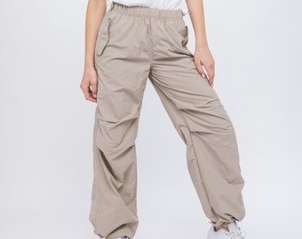 Women’s Toggle Tie Drawstring Parachute Cargo Pants, Comfortable, 80s 90’s Y2K Light Weight, Flap, WindBreaker Nylon Utility Jogger Pants