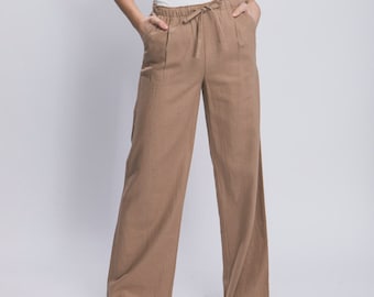 Leinen-Mischung Kordelzug Hose Mid Rise, Casual Hose Entspannte Passform Spring Break, Festival Beach Summer Resort Urlaub, Mutter ihr Geschenk