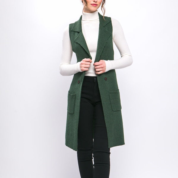 Cardigan long rétro sans manches en tricot - Doux, confortable, toutes les saisons, cardigan superposé ouvert de qualité supérieure, poches sur le devant, sans fermeture Son cadeau