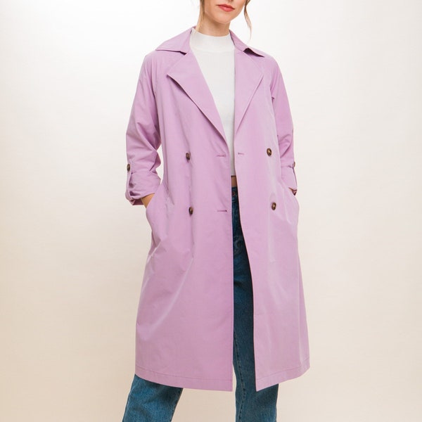 Elegant Lightweight Trench Coat, Waist Tie, Side Pockets, Double Breasted, 3/4 Tab Sleeves, Casual, Dressy Long Jacket, Perfect for Layering