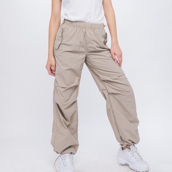 Pantalones cargo de paracaídas con cordón ajustable para mujer, cómodos, peso ligero Y2K de los años 80 y 90, solapa, cortavientos de nailon, pantalones deportivos utilitarios