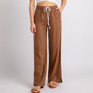 Drawstring Linen Blend Pants Wide Leg Elastic Waistband Brown Lilac Lavender White. Loose Fit, Summer Spring Graduation Coastal Gift