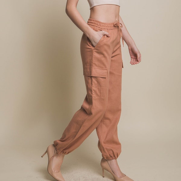 Mid Rise Linen Blend  Toggle Jogger Pants * Elastic WaistBand, Adjustable Drawstring, Cargo Side Pockets * Summer Spring Beach Vacation Gift