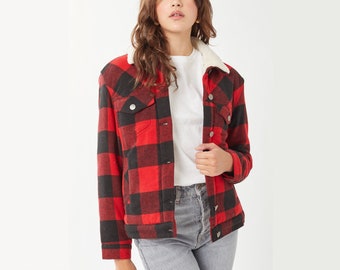red plaid jacket with fleece collar