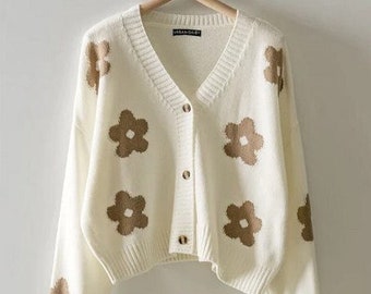 Cardigan-pull rétro imprimé fleurs marguerites - Confortable et élégant, manches longues dolman, col en V, fermeture à bouton, tricot super doux, cadeau meilleur ami