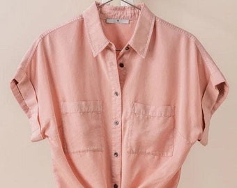 Tie Front Tencel Button Up Shirt. Wide Short Sleeve Denim Top. Casual Timeless Basic Soft Jean Blouse. Spring Summer. Blue Pink. Gift