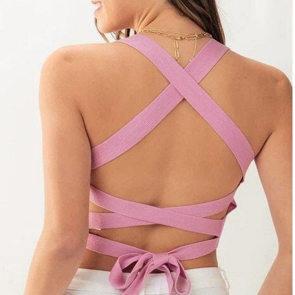 Square Neck Criss Cross Back Rib Sweater Knit Crop Top for Spring Summer in Black and Pink From Size Small to Large Mother's Graduation Gift