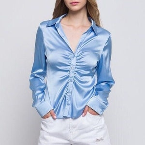 Ruched Button up Satin Blouse. Placket Front Detail Long Sleeves, Low Collar, Silky Shiny Dress Shirt, Vintage Retro Work Office Wear Gift