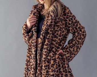 Cozy Weather Leopard Print Faux Fur Teddy Coat, Stay Warm and Stylish, Side Pockets, Full Length, Animal Cheetah Print, Vegan Fur Coat, Gift