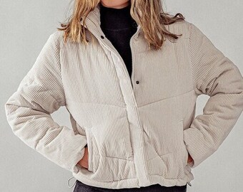 Corduroy Puffer Jacket With Hidden Button and Zipper Closure