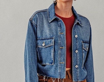 Jeansjacke mit ausgefranstem Saum * Crop Boxy Fit * Vintage Oversized Cargo Taschen * Weiß Blau Denim * Basic All Seasons * Ostergeschenk * Y2K Summer