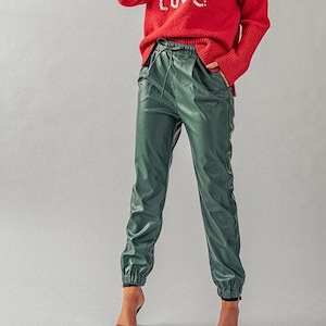 May include: A red turtleneck sweater with the text "Love is Love" in white lettering. The sweater is paired with green leather pants.