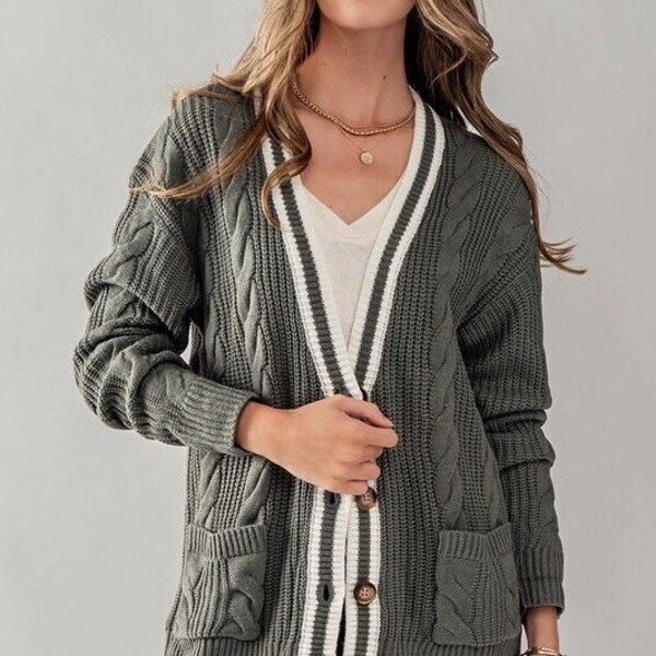 Cable Knit V-Neck Sweater Cardigan with Striped Collar , Button Down, Front Pockets, Varsity Style, Fall Winter Basic Versatile Her Gift