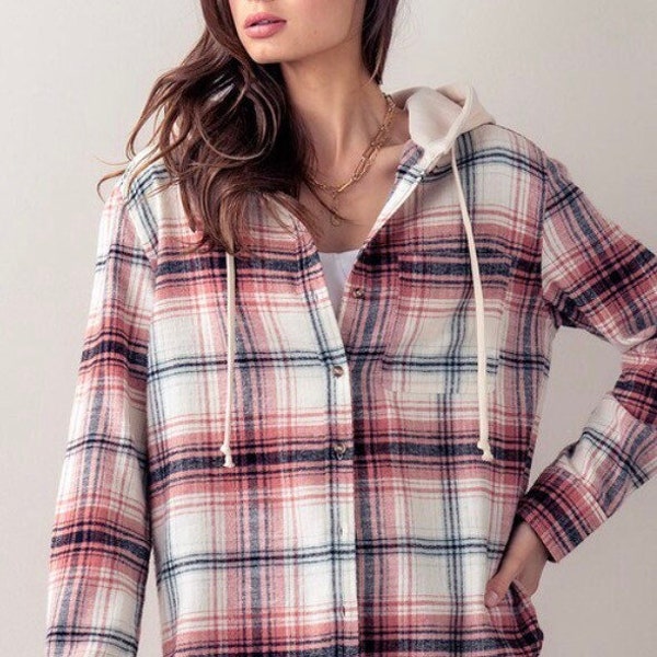 Plaid Hooded Flannel Shirt with Left Chest Pocket - Cozy and Stylish, Regular Fit, Urban Street Casual Wear, Basic All Seasons, Soft, Gift