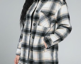 Oversized Plaid Shacket, Sherpa Lined  Body, Warm Women's Jacket. Premium Quality Coat Black, Brown Green, Bestie Daughter Holiday Gift
