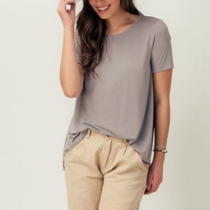gray Super Soft Modal Crew Neck Basic T Shirt, High Low Side Slit Tee, Durable Versatile Quality, Comfort wear Cozy Basic Womens, Gift for Her