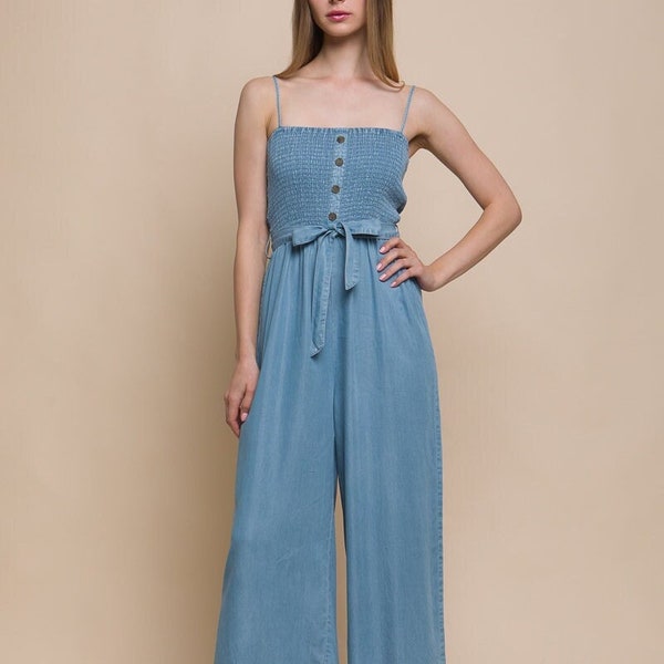 Wide Crop Leg Denim Jumpsuit * Smocked Top Adjustable Strap Pockets Waist Belt  * Spring Summer Tencel Jumper Romper * Spring Summer Casual