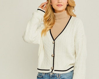 Cable Knit Game Day Short Cardigan, Ivory with Black Stripe, V-Neck, 3 Button, Varsity Vibes, Cozy and Stylish, Super Soft, Best Friend Gift