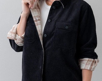 Corduroy Reversible Button Down Shacket Women&#39;s Fall Winter Jacket Camel Cream Black Blue Olive Rust with Reversible Plaid Flannel Gift her