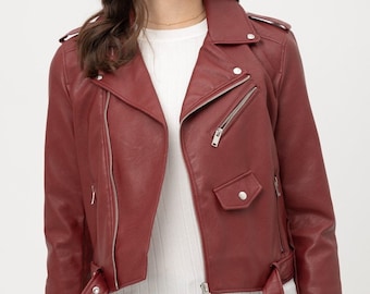 Blouson motard en similicuir * coupe slim entièrement doublée * vintage rétro Y2k * veste moto végétalienne avec bordures dorées * basique toutes saisons * cadeau d'été