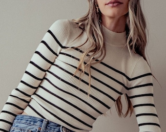 Fitted Striped Ribbed Sweater Top, Classic Charm, Mock Neck, Long Sleeve, Soft Warm Cozy, Basic Fall Winter Versatile Layering Fashion Gift